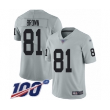 Men's Oakland Raiders #81 Tim Brown Limited Silver Inverted Legend 100th Season Football Jersey