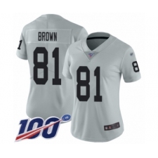 Women's Oakland Raiders #81 Tim Brown Limited Silver Inverted Legend 100th Season Football Jersey