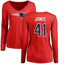 NFL Women's Nike New England Patriots #41 Cyrus Jones Red Name & Number Logo Slim Fit Long Sleeve T-Shirt