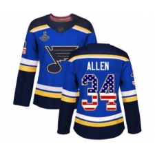 Women's St. Louis Blues #34 Jake Allen Authentic Blue USA Flag Fashion 2019 Stanley Cup Champions Hockey Jersey