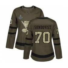 Women's St. Louis Blues #70 Oskar Sundqvist Authentic Green Salute to Service 2019 Stanley Cup Champions Hockey Jersey