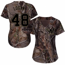 Women's Majestic Milwaukee Brewers #48 Boone Logan Authentic Camo Realtree Collection Flex Base MLB Jersey