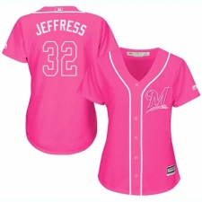 Women's Majestic Milwaukee Brewers #32 Jeremy Jeffress Authentic Pink Fashion Cool Base MLB Jersey