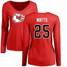 NFL Women's Nike Kansas City Chiefs #25 Armani Watts Red Name & Number Logo Slim Fit Long Sleeve T-Shirt