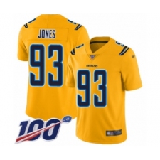 Men's Los Angeles Chargers #93 Justin Jones Limited Gold Inverted Legend 100th Season Football Jersey