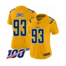 Women's Los Angeles Chargers #93 Justin Jones Limited Gold Inverted Legend 100th Season Football Jersey