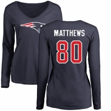 NFL Women's Nike New England Patriots #80 Jordan Matthews Navy Blue Name & Number Logo Slim Fit Long Sleeve T-Shirt
