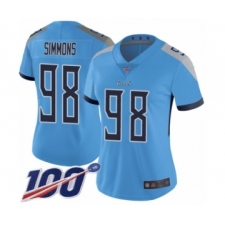 Women's Tennessee Titans #98 Jeffery Simmons Light Blue Alternate Vapor Untouchable Limited Player 100th Season Football Jersey