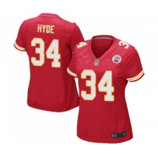 Women's Kansas City Chiefs #34 Carlos Hyde Game Red Team Color Football Jersey