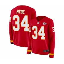 Women's Kansas City Chiefs #34 Carlos Hyde Limited Red Therma Long Sleeve Football Jersey