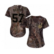 Women's Cleveland Indians #57 Shane Bieber Authentic Camo Realtree Collection Flex Base Baseball Jersey
