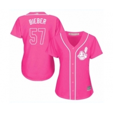 Women's Cleveland Indians #57 Shane Bieber Authentic Pink Fashion Cool Base Baseball Jersey
