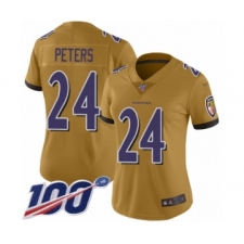 Women's Baltimore Ravens #24 Marcus Peters Limited Gold Inverted Legend 100th Season Football Jersey