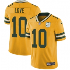 Men's Green Bay Packers #10 Jordan Love Yellow 100th Season Stitched NFL Limited Rush Jersey