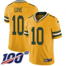 Men's Green Bay Packers #10 Jordan Love Yellow Stitched NFL Limited Rush 100th Season Jersey