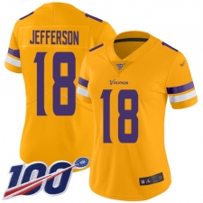 Women's Minnesota Vikings #18 Justin Jefferson Gold Stitched NFL Limited Inverted Legend 100th Season Jersey