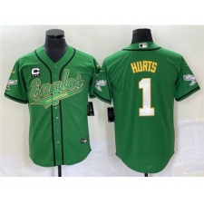 Men's Nike Philadelphia Eagles #1 Jalen Hurts Green With C Cool Base Stitched Baseball Jersey