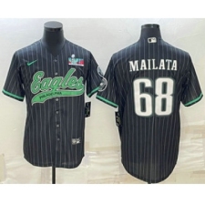 Men's Philadelphia Eagles #68 Jordan Mailata Black Pinstripe With Super Bowl LVII Patch Cool Base Stitched Baseball Jersey