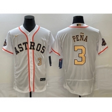 Men's Houston Astros #3 Jeremy Pena Number 2023 White Gold World Serise Champions Flex Base Stitched Jersey1