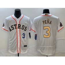 Men's Houston Astros #3 Jeremy Pena Number 2023 White Gold World Serise Champions Flex Base Stitched Jersey