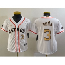 Youth Houston Astros #3 Jeremy Pena Number 2023 White Gold World Serise Champions Cool Base Stitched Jersey