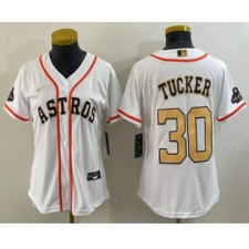 Women's Houston Astros #30 Kyle Tucker 2023 White Gold World Serise Champions Cool Base Stitched Jersey