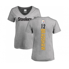 Football Women's Pittsburgh Steelers #12 Terry Bradshaw Ash Backer V-Neck T-Shirt