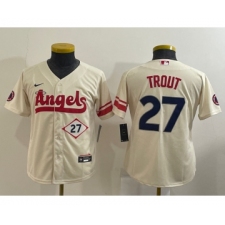 Youth Los Angeles Angels #27 Mike Trout Number Cream 2022 City Connect Cool Base Stitched Jersey