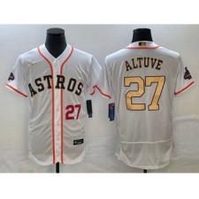 Men's Houston Astros #27 Jose Altuve Number 2023 White Gold World Serise Champions Flex Base Stitched Jersey2