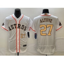 Men's Houston Astros #27 Jose Altuve Number 2023 White Gold World Serise Champions Flex Base Stitched Jersey