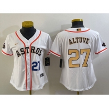 Women's Houston Astros #27 Jose Altuve Number 2023 White Gold World Serise Champions Cool Base Stitched Jersey1