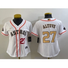 Women's Houston Astros #27 Jose Altuve Number 2023 White Gold World Serise Champions Cool Base Stitched Jersey
