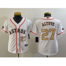 Youth Houston Astros #27 Jose Altuve Number 2023 White Gold World Serise Champions Cool Base Stitched Jerseys