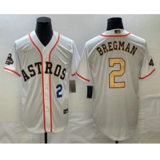 Mens Houston Astros #2 Alex Bregman Number 2023 White Gold World Serise Champions Cool Base Stitched Jersey