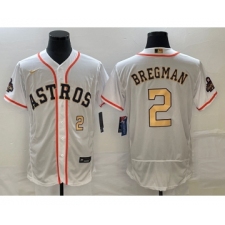 Men's Houston Astros #2 Alex Bregman Number 2023 White Gold World Serise Champions Flex Base Stitched Jersey2