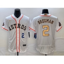 Men's Houston Astros #2 Alex Bregman Number 2023 White Gold World Serise Champions Flex Base Stitched Jersey