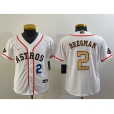 Youth Houston Astros #2 Alex Bregman Number 2023 White Gold World Serise Champions Cool Base Stitched Jersey1