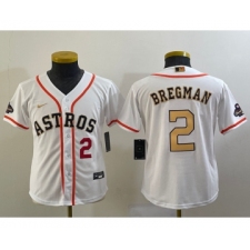 Youth Houston Astros #2 Alex Bregman Number 2023 White Gold World Serise Champions Cool Base Stitched Jersey