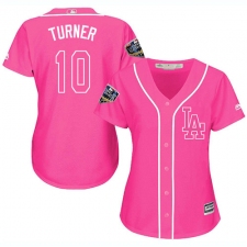 Women's Majestic Los Angeles Dodgers #10 Justin Turner Authentic Pink Fashion Cool Base 2018 World Series MLB Jersey