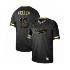 Men's Cleveland Indians #19 Bob Feller Authentic Black Gold Fashion Baseball Jersey
