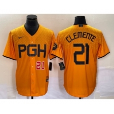 Men's Nike Pittsburgh Pirates #21 Roberto Clemente Number Gold 2023 City Connect Stitched Jersey