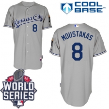 Men's Majestic Kansas City Royals #8 Mike Moustakas Replica Grey Road Cool Base 2015 World Series