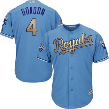 Youth Majestic Kansas City Royals #4 Alex Gordon Authentic Light Blue 2015 World Series Champions Gold Program Cool Base MLB Jersey