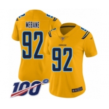 Women's Los Angeles Chargers #92 Brandon Mebane Limited Gold Inverted Legend 100th Season Football Jersey