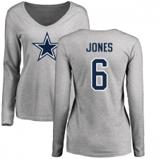 NFL Women's Nike Dallas Cowboys #6 Chris Jones Ash Name & Number Logo Slim Fit Long Sleeve T-Shirt