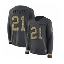 Women's Nike Dallas Cowboys #21 Ezekiel Elliott Limited Black Salute to Service Therma Long Sleeve NFL Jersey