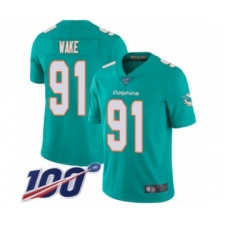 Men's Miami Dolphins #91 Cameron Wake Aqua Green Team Color Vapor Untouchable Limited Player 100th Season Football Jersey