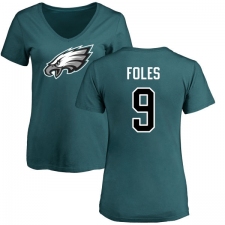 Women's Nike Philadelphia Eagles #9 Nick Foles Green Name & Number Logo Slim Fit T-Shirt