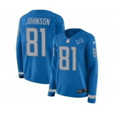 Women's Nike Detroit Lions #81 Calvin Johnson Limited Blue Therma Long Sleeve NFL Jersey
