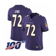 Men's Baltimore Ravens #72 Alex Lewis Purple Team Color Vapor Untouchable Limited Player 100th Season Football Jersey
